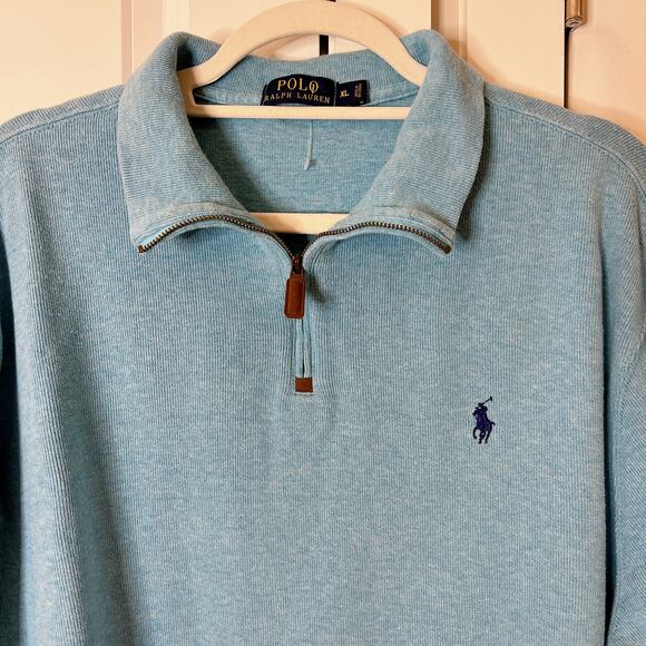 POLO RALPH LAUREN Blue Logo-Embroidered Cotton-Piqué Half-Zip Sweatshirt | XL - Picture 6 of 8